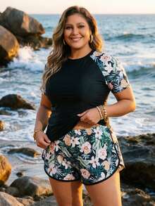Swim SPRTY Plus Size Women 2pcs/Set White Long Sleeve Rash Guard Loose Shorts Bikini Set Set Beach Vacation Summer - Black - View 5