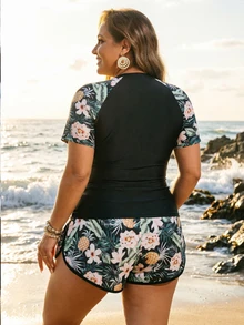Swim SPRTY Plus Size Women 2pcs/Set White Long Sleeve Rash Guard Loose Shorts Bikini Set Set Beach Vacation Summer - Black - View 2
