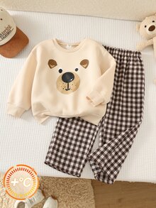 Kids Young Boy Simple Comfortable Bear Pattern Long Sleeve Pullover Sweatshirt & Elastic Waist Plaid Pants 2 Pieces Set, Suitable For Autumn/Winter - Multicolor - View 7