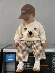 Kids Young Boy Simple Comfortable Bear Pattern Long Sleeve Pullover Sweatshirt & Elastic Waist Plaid Pants 2 Pieces Set, Suitable For Autumn/Winter - Multicolor - View 1