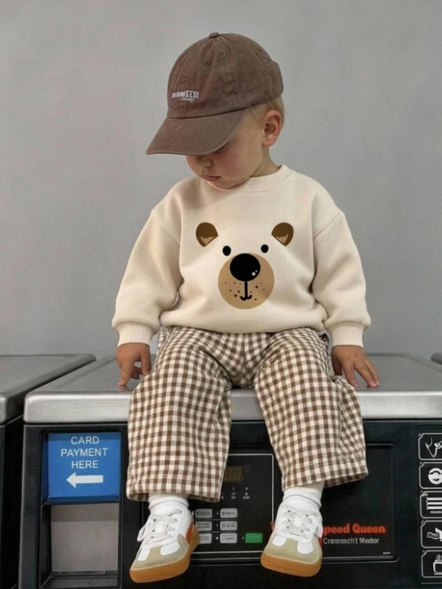 Kids Young Boy Simple Comfortable Bear Pattern Long Sleeve Pullover Sweatshirt & Elastic Waist Plaid Pants 2 Pieces Set, Suitable For Autumn/Winter - Multicolor - View 1