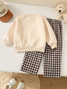 Kids Young Boy Simple Comfortable Bear Pattern Long Sleeve Pullover Sweatshirt & Elastic Waist Plaid Pants 2 Pieces Set, Suitable For Autumn/Winter - Multicolor - View 2