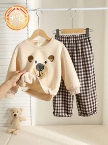 Kids Young Boy Simple Comfortable Bear Pattern Long Sleeve Pullover Sweatshirt & Elastic Waist Plaid Pants 2 Pieces Set, Suitable For Autumn/Winter - Multicolor - View 6