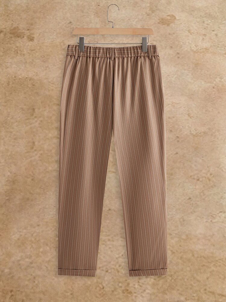 HIMLAND Men's Suit Pants, Pinstripe Trousers, Old Money Aesthetic, Vintage Pleated Pants, Elastic Waist Relaxed Fit, British Smart Casual, Slim Fit, Tuxedo, Vintage Loose Suit Pants, Slim Fit Suit Trousers, Business Casual Trousers - Khaki - View 3