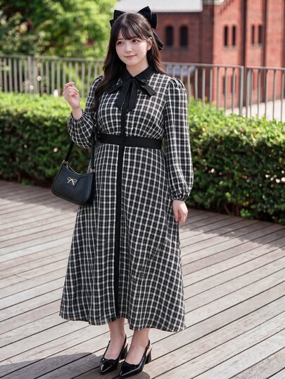Bijouette Plus Size Women's Tie Collar Black And White Check Plaid Casual Daily Dress,Soft Fabric, Japanese Sweet Style,Elasticated Back Waist, Going Out,Autumn