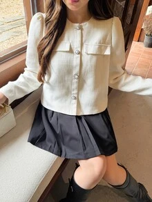 Bijouette Plus Size Women Solid Color Casual Versatile Daily Wear Long Sleeve Jacket,Elegant Apricot Jacket,Work Outfits For Women,Cute Jacket,Fallwinter Jacket - White - View 5