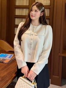 Bijouette Plus Size Women Solid Color Casual Versatile Daily Wear Long Sleeve Jacket,Elegant Apricot Jacket,Work Outfits For Women,Cute Jacket,Fallwinter Jacket - White - View 4