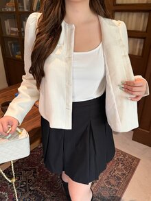 Bijouette Plus Size Women Solid Color Casual Versatile Daily Wear Long Sleeve Jacket,Elegant Apricot Jacket,Work Outfits For Women,Cute Jacket,Fallwinter Jacket - White - View 7