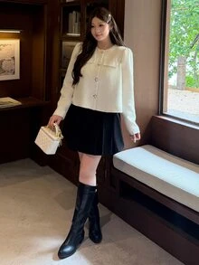 Bijouette Plus Size Women Solid Color Casual Versatile Daily Wear Long Sleeve Jacket,Elegant Apricot Jacket,Work Outfits For Women,Cute Jacket,Fallwinter Jacket - White - View 6