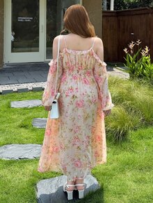 Bijouette 大尺碼甜美花卉印花梭織長袖度假洋裝 白色秋季星空休閒茶會裙 - 彩色 - 查看 4