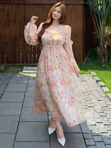 Bijouette 大尺碼甜美花卉印花梭織長袖度假洋裝 白色秋季星空休閒茶會裙 - 彩色 - 查看 5