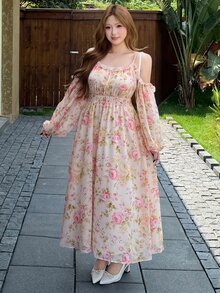 Bijouette 大尺碼甜美花卉印花梭織長袖度假洋裝 白色秋季星空休閒茶會裙 - 彩色 - 查看 2