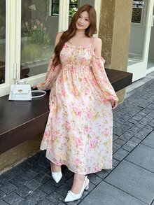 Bijouette 大尺碼甜美花卉印花梭織長袖度假洋裝 白色秋季星空休閒茶會裙 - 彩色 - 查看 6