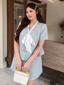 Bijouette Jaket Ukuran Plus Elegan Modis dengan Warna Kontras, Tali Pengikat, dan Kancing Mutiara Imitasi - Biru - View 7