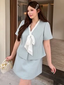 Bijouette Jaket Ukuran Plus Elegan Modis dengan Warna Kontras, Tali Pengikat, dan Kancing Mutiara Imitasi - Biru - View 6