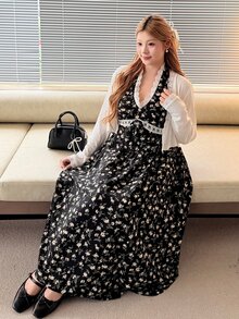 Bijouette Plus Size Elegant Solid Color Cardigan Ditsy Floral Halter Neck Dress Plus Size 2-Piece Set,All White Flowers Dress,Summer Dresses Tea Party - Black and White - View 5