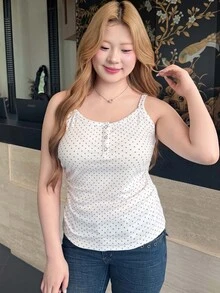 Bijouette 大尺碼女款圓點印花鈕扣設計休閒細肩帶背心上衣 - 白色 - 查看 5