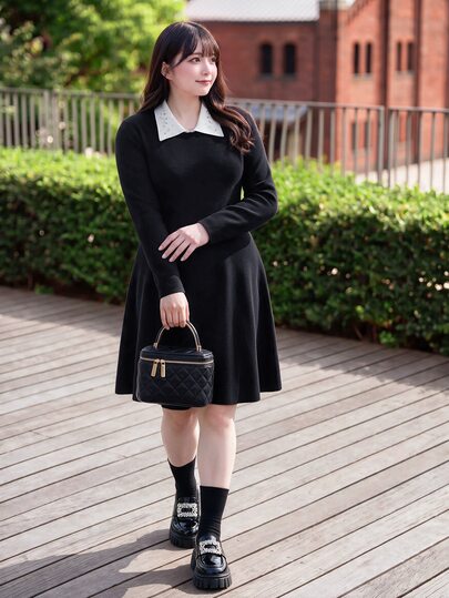Bijouette Plus Size Featuring Pearl Embellishments Black And White A-Line Sweater Dress, Soft Fabric,Japanese Sweet Style,Going Out,Fall/Winter
