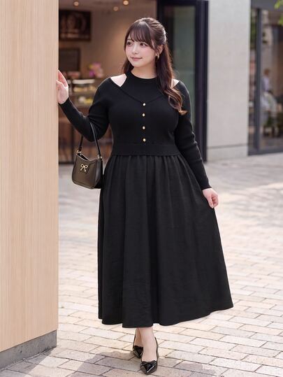 Bijouette Plus Size Women Solid Color Pleated Casual Party Button Embellishment Knit A-Line Hem Dress,Elegant Dress,Work Outfits For Women,Women Fall Winter