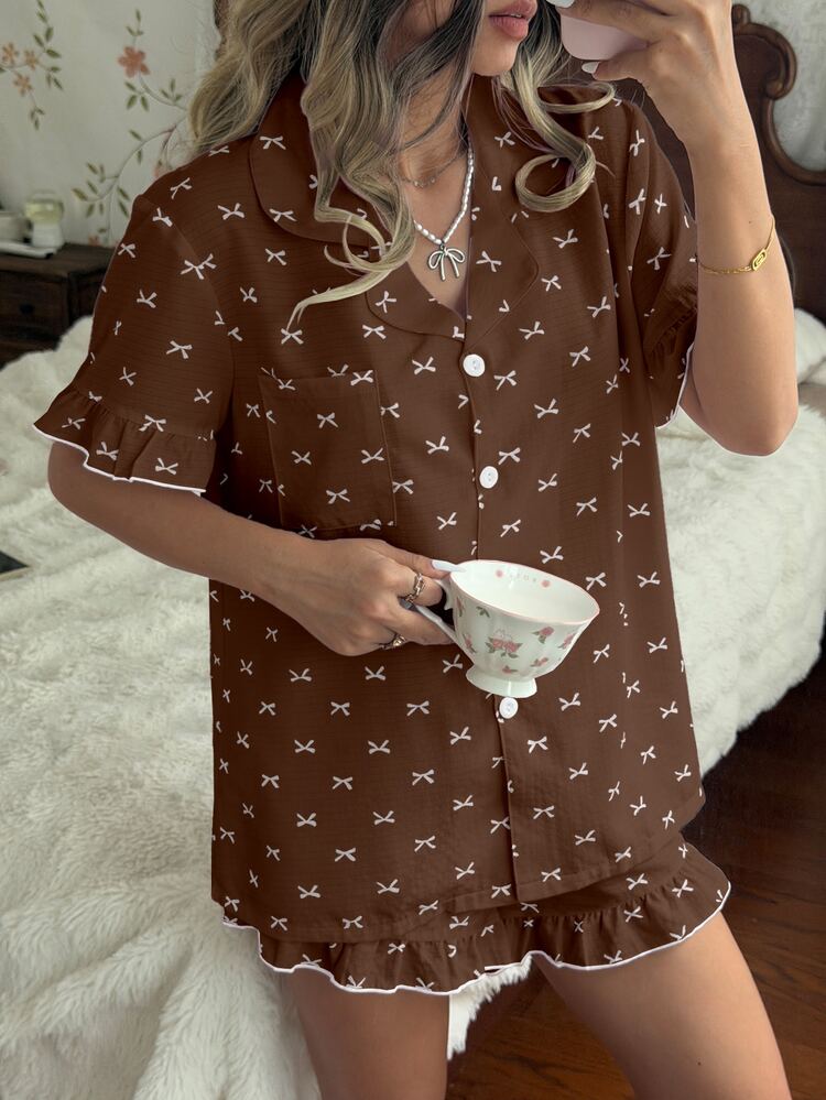 CottageSlumber Bubble Crinkle Bow Print Short Sleeve Shorts Ruffle Hem Pajama Set - Brown - View 5