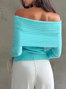 Aloruh Sweater Lengan Panjang Wanita Warna Polos, Model Bahu Terbuka, Kasual Seksi, Nyaman, Cocok untuk Bepergian, Warna Biru Kehijauan Tua, Musim Gugur - Biru - View 2