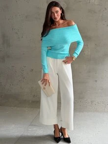 Aloruh Sweater Lengan Panjang Wanita Warna Polos, Model Bahu Terbuka, Kasual Seksi, Nyaman, Cocok untuk Bepergian, Warna Biru Kehijauan Tua, Musim Gugur - Biru - View 4