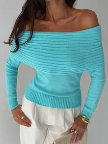 Aloruh Sweater Lengan Panjang Wanita Warna Polos, Model Bahu Terbuka, Kasual Seksi, Nyaman, Cocok untuk Bepergian, Warna Biru Kehijauan Tua, Musim Gugur - Biru - View 6