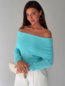 Aloruh Sweater Lengan Panjang Wanita Warna Polos, Model Bahu Terbuka, Kasual Seksi, Nyaman, Cocok untuk Bepergian, Warna Biru Kehijauan Tua, Musim Gugur - Biru - View 10