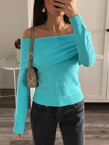 Aloruh Sweater Lengan Panjang Wanita Warna Polos, Model Bahu Terbuka, Kasual Seksi, Nyaman, Cocok untuk Bepergian, Warna Biru Kehijauan Tua, Musim Gugur - Biru - View 9