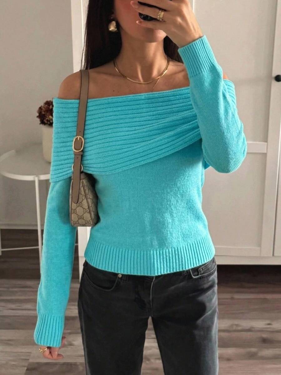 Aloruh Women's Solid Color Cold Shoulder Casual Sexy Daily Long Sleeve Sweater Cozy Going Out Night Out Teal Blue Fall - Blue - View 1