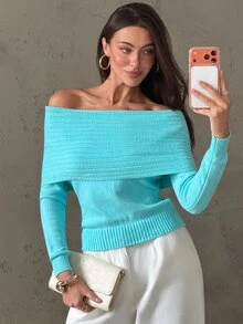 Aloruh Sweater Lengan Panjang Wanita Warna Polos, Model Bahu Terbuka, Kasual Seksi, Nyaman, Cocok untuk Bepergian, Warna Biru Kehijauan Tua, Musim Gugur - Biru - View 8
