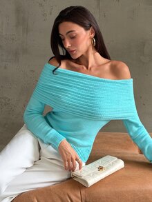 Aloruh Sweater Lengan Panjang Wanita Warna Polos, Model Bahu Terbuka, Kasual Seksi, Nyaman, Cocok untuk Bepergian, Warna Biru Kehijauan Tua, Musim Gugur - Biru - View 7