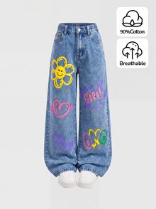 SHEIN Girlism 女童寬鬆藍色牛仔褲，花卉與字母塗鴉圖案，可愛Y2K風格，秋冬休閒牛仔褲 - 藍色 - 查看 3