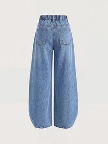 SHEIN Girlism 女童寬鬆藍色牛仔褲，花卉與字母塗鴉圖案，可愛Y2K風格，秋冬休閒牛仔褲 - 藍色 - 查看 4