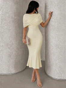 NOVVYNE Women's Elegant Draped Mesh Shawl Collar Fitted A-Line Mid-Length Dress, Suitable For Wedding Cocktail Formal Guests Wedding Party Going Out - Light Yellow - View 1