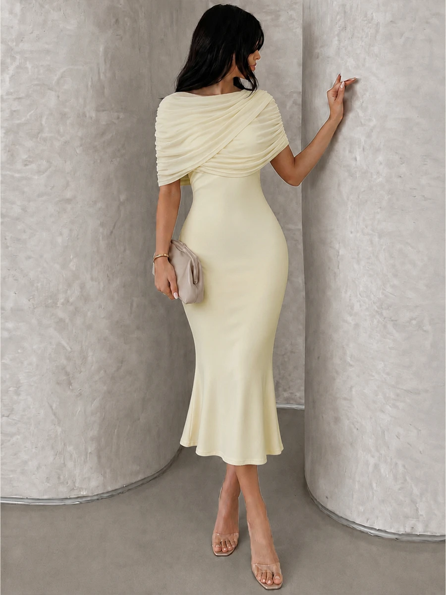 NOVVYNE Women's Elegant Draped Mesh Shawl Collar Fitted A-Line Mid-Length Dress, Suitable For Wedding Cocktail Formal Guests Wedding Party Going Out - Light Yellow - View 1