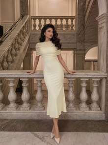NOVVYNE Women's Elegant Draped Mesh Shawl Collar Fitted A-Line Mid-Length Dress, Suitable For Wedding Cocktail Formal Guests Wedding Party Going Out - Light Yellow - View 5