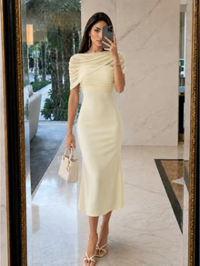 NOVVYNE Women's Elegant Draped Mesh Shawl Collar Fitted A-Line Mid-Length Dress, Suitable For Wedding Cocktail Formal Guests Wedding Party Going Out - Light Yellow - View 4