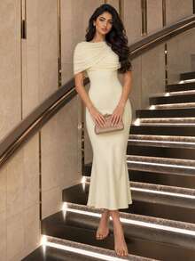 NOVVYNE Women's Elegant Draped Mesh Shawl Collar Fitted A-Line Mid-Length Dress, Suitable For Wedding Cocktail Formal Guests Wedding Party Going Out - Light Yellow - View 3