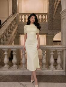 NOVVYNE Women's Elegant Draped Mesh Shawl Collar Fitted A-Line Mid-Length Dress, Suitable For Wedding Cocktail Formal Guests Wedding Party Going Out - Light Yellow - View 6