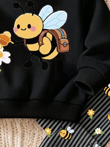 SHEIN 女嬰休閒可愛蜜蜂圖案花卉鄉村風黑色圓領長袖運動衫與內搭褲2件套，適合秋冬Y2K秋季新款，日系可愛舒適秋冬風格 - 彩色 - 查看 6
