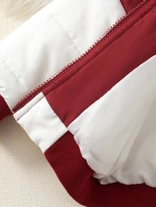 SHEIN 1件男嬰可愛波麥克夾克，酒紅配白色拼色，羅紋字母印花，長袖立領，加厚冬季秋季節日拉鍊外套 - 酒紅色 - 查看 6