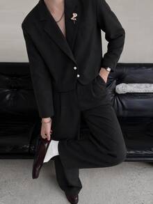 Mainfolk Men's Lapel NeckLong Sleeve Blazer And Pants Casual Elegant Suit Set Wedding Formal Black - Black - View 2