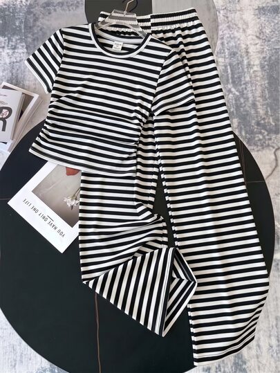 Tween Girls Printed T-Shirt & Long Pants Knit 2 Pieces Set, Casual Daily Fashion Versatile