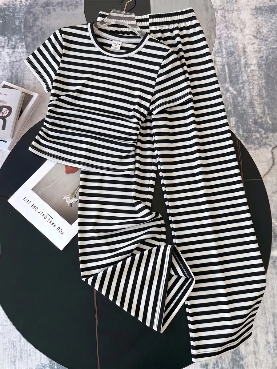 Bộ 2 món áo thun in họa tiết và quần dài dệt kim cho bé gái tuổi teen, thời trang thường ngày phong cách casual đa năng - Nhiều màu - Xem 1