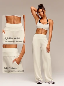 GLOWMODE 28" Petite SoftCalm Modal Silk Touch Wide Leg High Waist Lounge Pants With Side Pockets Daily Casual Spring Summer - White - View 4