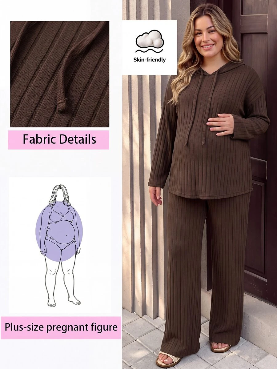SHEIN Brown Autumn/Winter Maternity Plus Size 2 Pieces Set Knit Ribbed Hooded Long Sleeve Top And Wide Leg Pants Casual - Brown - View 1