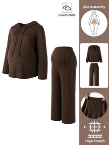 SHEIN Brown Autumn/Winter Maternity Plus Size 2 Pieces Set Knit Ribbed Hooded Long Sleeve Top And Wide Leg Pants Casual - Brown - View 8
