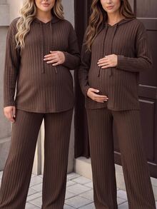 SHEIN Brown Autumn/Winter Maternity Plus Size 2 Pieces Set Knit Ribbed Hooded Long Sleeve Top And Wide Leg Pants Casual - Brown - View 9