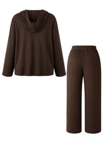SHEIN Brown Autumn/Winter Maternity Plus Size 2 Pieces Set Knit Ribbed Hooded Long Sleeve Top And Wide Leg Pants Casual - Brown - View 2